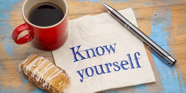 Know yourself concept - handwriting on a napkin with a cup of espresso coffee and pastry